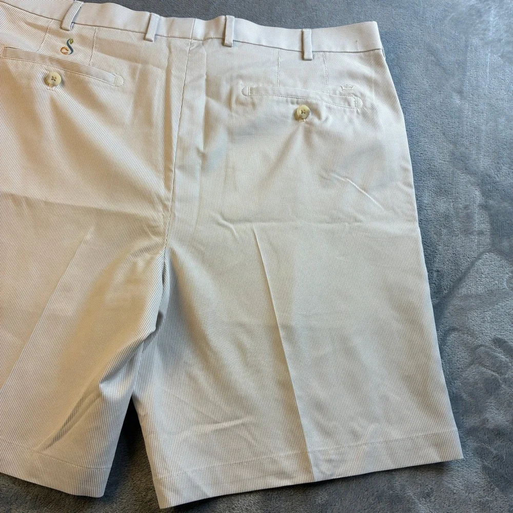 Peter Millar Mens 36 Crown Sport Wicking Golf Shorts Tan White Micro Stripe 9in